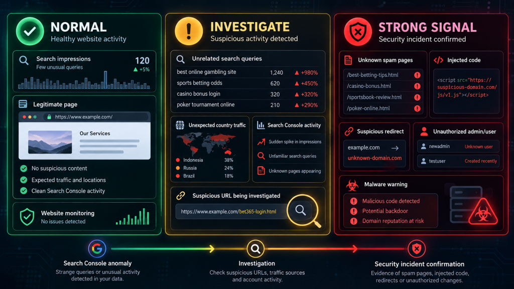 Three levels for identifying gambling SEO spam on a website