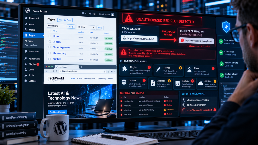 Investigating an unauthorized Direkturtoto redirect on WordPress