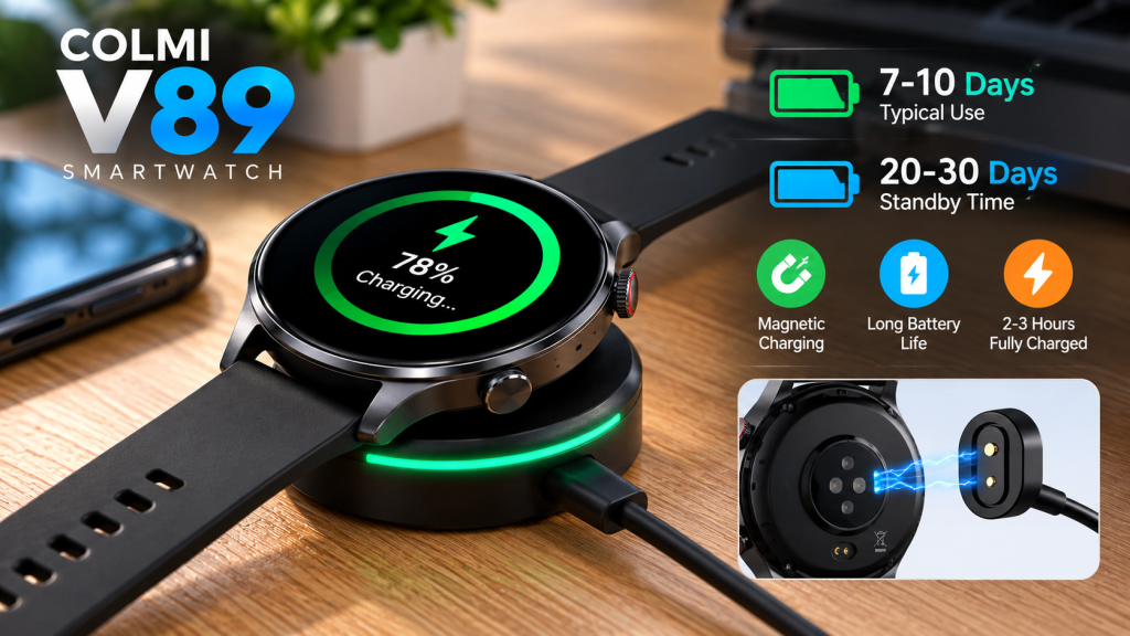 montre sur son chargeur magnétique, pour la section batterie
